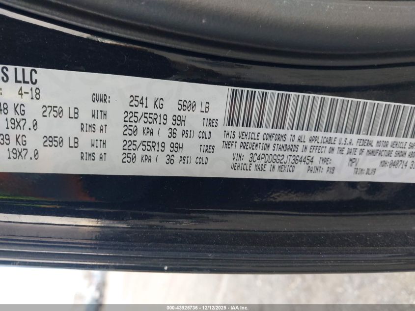 2018 Dodge Journey Crossroad Awd VIN: 3C4PDDGG2JT364454 Lot: 43925736