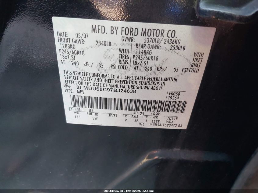 2007 Lincoln Mkx VIN: 2LMDU68C97BJ24638 Lot: 43925738