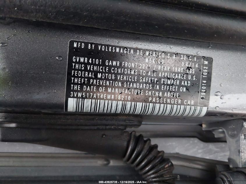 2014 Volkswagen Beetle 1.8T VIN: 3VW517AT4EM818210 Lot: 43925739