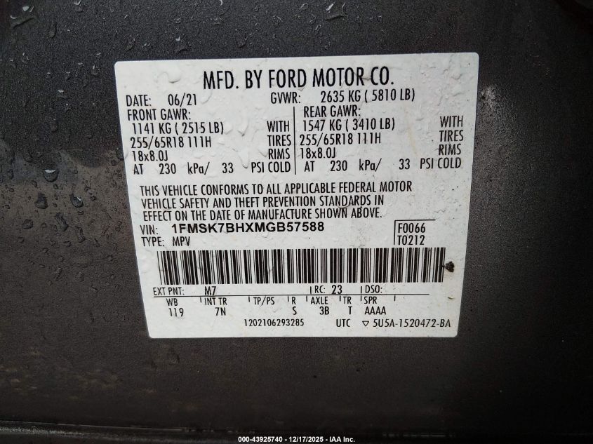 2021 Ford Explorer VIN: 1FMSK7BHXMGB57588 Lot: 43925740