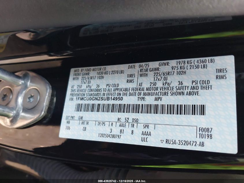 2025 Ford Escape Active VIN: 1FMCU0GN2SUB14950 Lot: 43925742