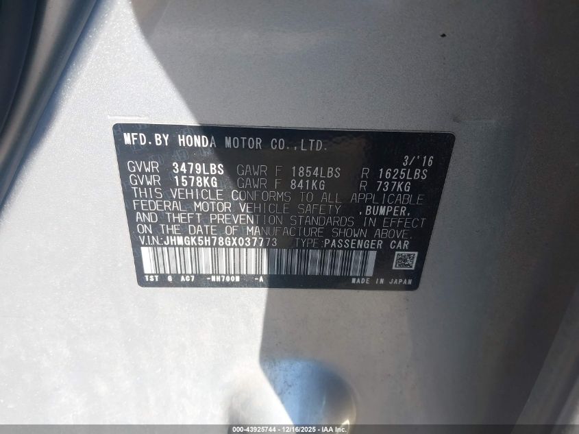 2016 Honda Fit Ex VIN: JHMGK5H78GX037773 Lot: 43925744