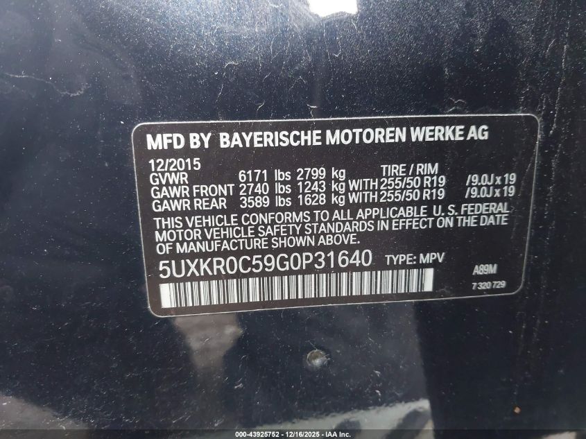 2016 BMW X5 xDrive35I VIN: 5UXKR0C59G0P31640 Lot: 43925752