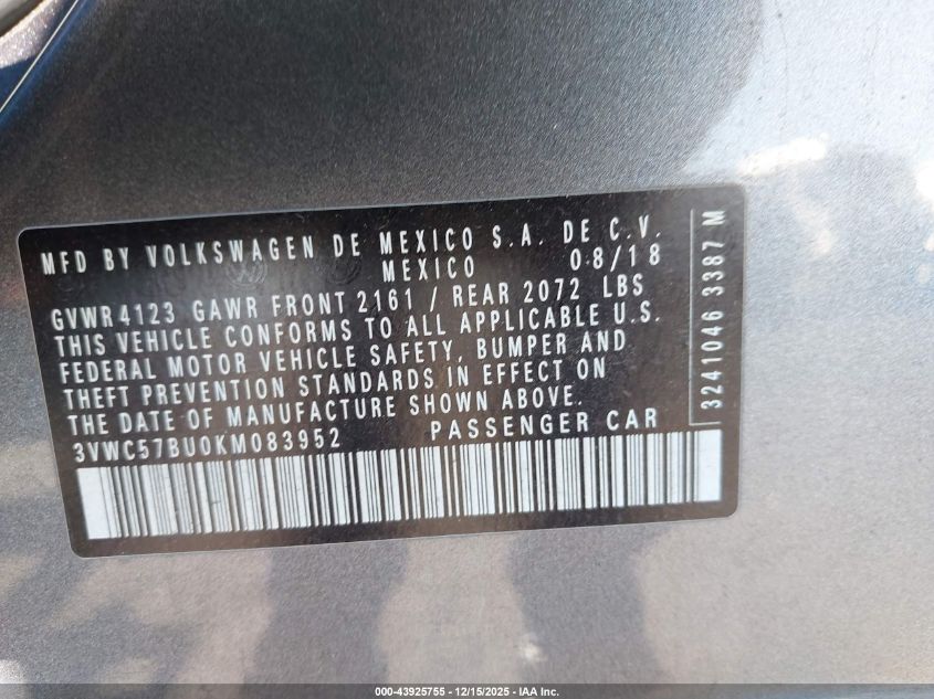 2019 Volkswagen Jetta 1.4T R-Line/1.4T S/1.4T Se VIN: 3VWC57BU0KM083952 Lot: 43925755