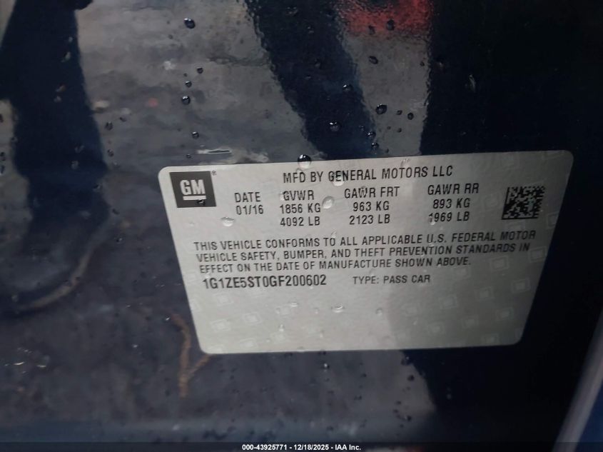 2016 Chevrolet Malibu 1Lt VIN: 1G1ZE5ST0GF200602 Lot: 43925771