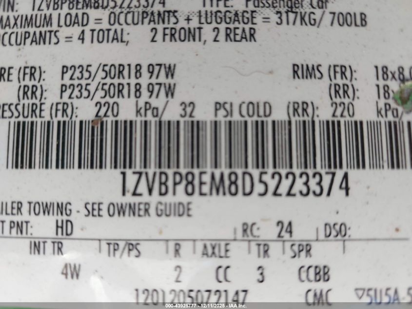 2013 Ford Mustang V6 Premium VIN: 1ZVBP8EM8D5223374 Lot: 43925777