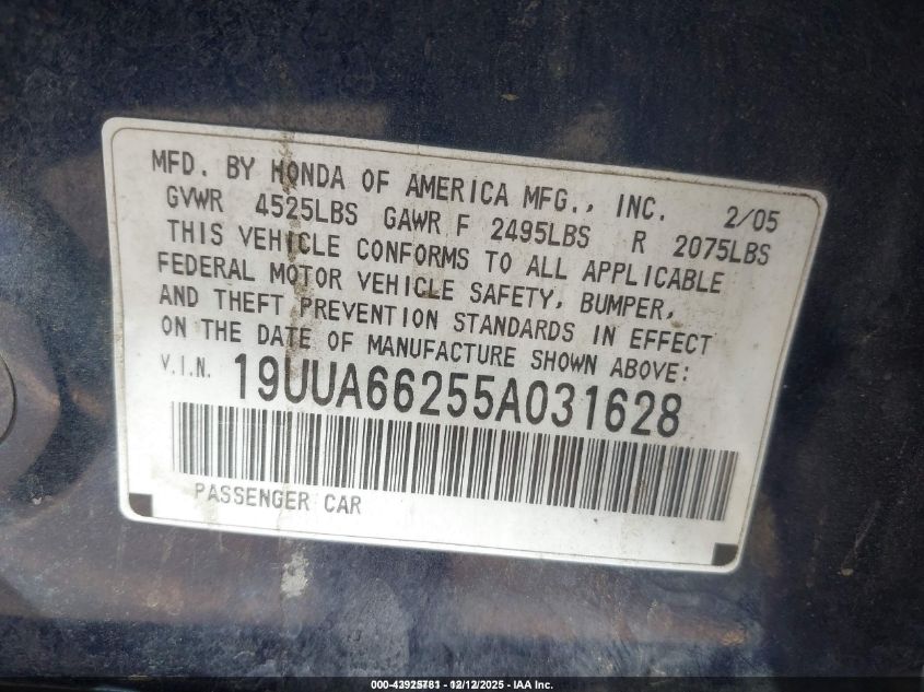 2005 Acura Tl VIN: 19UUA66255A031628 Lot: 43925781