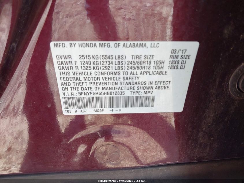 2017 Honda Pilot Ex-L VIN: 5FNYF5H55HB012835 Lot: 43925787