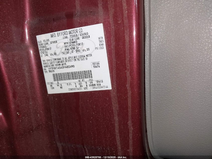 2005 Ford F-150 Fx4/Lariat/Xlt VIN: 1FTPW14545FA82490 Lot: 43925788