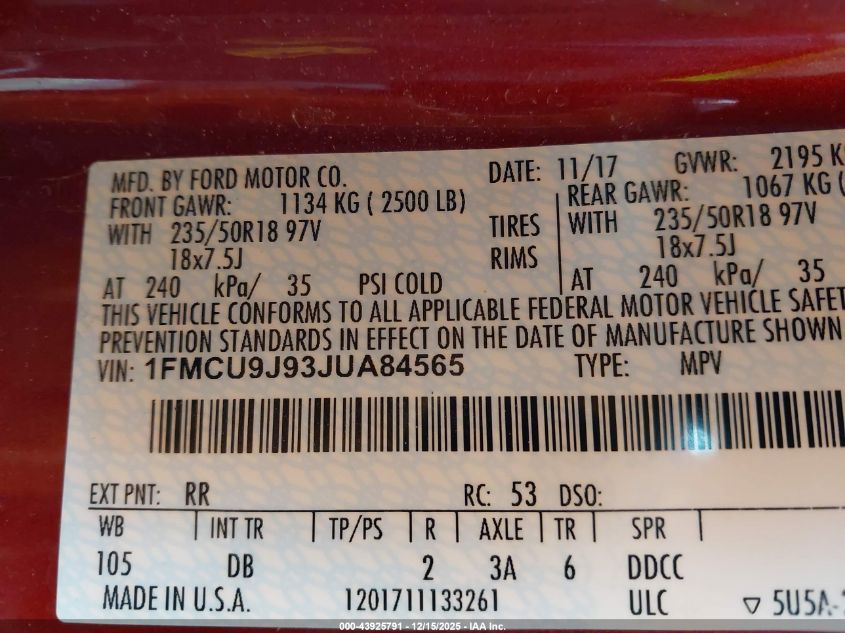 2018 Ford Escape Titanium VIN: 1FMCU9J93JUA84565 Lot: 43925791