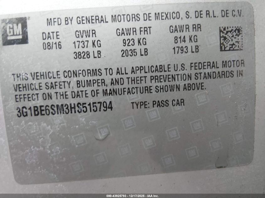 2017 Chevrolet Cruze Lt Auto VIN: 3G1BE6SM3HS515794 Lot: 43925793