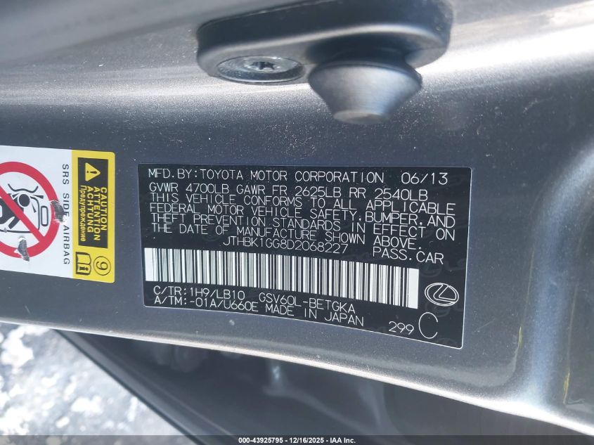 2013 Lexus Es 350 VIN: JTHBK1GG8D2068227 Lot: 43925795