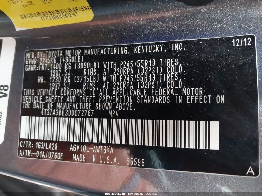 2013 Toyota Venza Xle VIN: 4T3ZA3BB3DU072767 Lot: 43925798