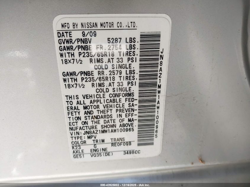 2010 Nissan Murano Sl VIN: JN8AZ1MW1AW100965 Lot: 43925802