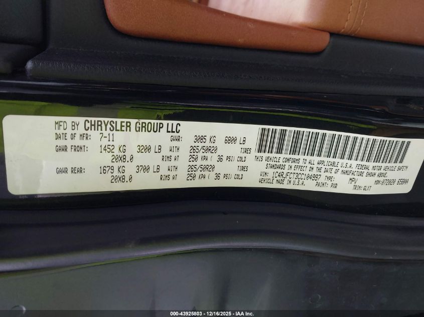 2012 Jeep Grand Cherokee Overland VIN: 1C4RJFCT3CC104997 Lot: 43925803