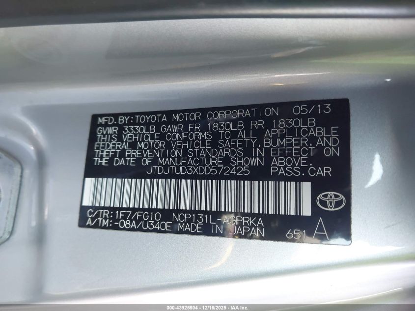 2013 Toyota Yaris L VIN: JTDJTUD3XDD572425 Lot: 43925804