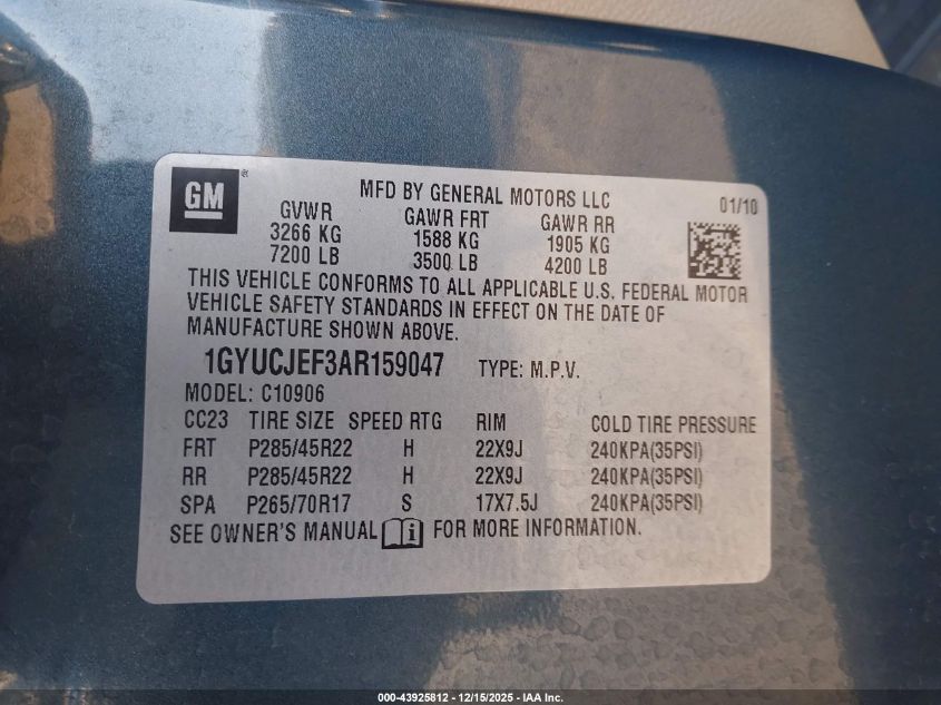 2010 Cadillac Escalade Esv Premium VIN: 1GYUCJEF3AR159047 Lot: 43925812