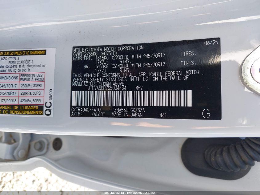 2025 Toyota 4Runner Sr5 VIN: JTEVA5BR7S5034434 Lot: 43925813