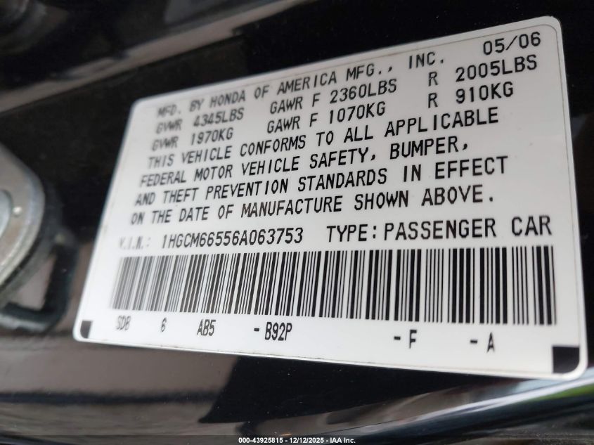 2006 Honda Accord 3.0 Ex VIN: 1HGCM66556A063753 Lot: 43925815