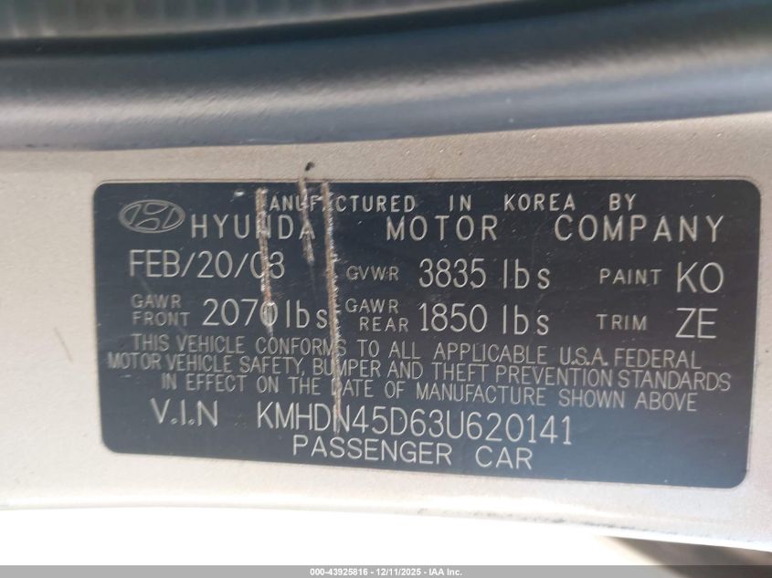 KMHDN45D63U620141 2003 HYUNDAI ELANTRA photo no. 9