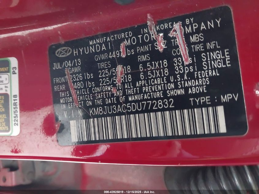 2013 Hyundai Tucson Limited VIN: KM8JU3AC5DU772832 Lot: 43925819