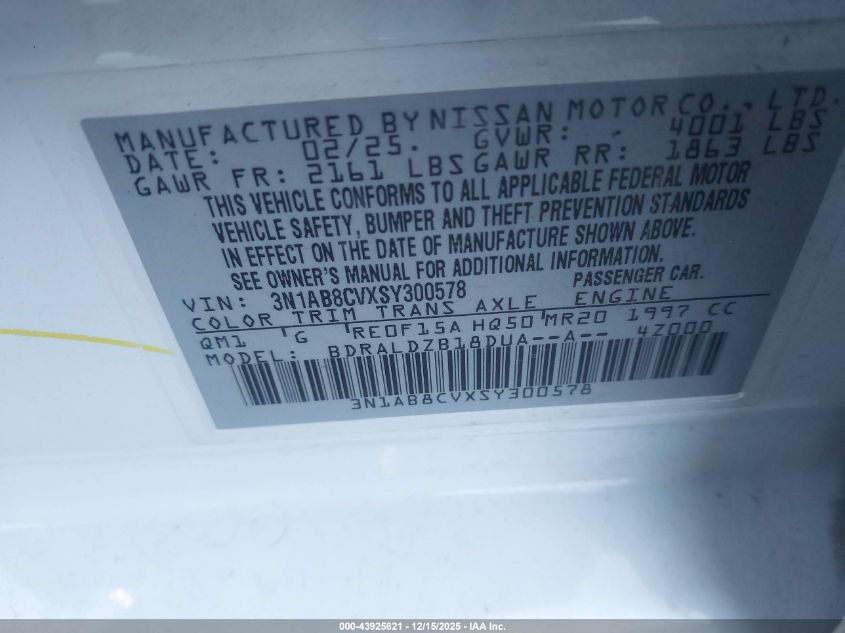 2025 Nissan Sentra Sv VIN: 3N1AB8CVXSY300578 Lot: 43925821