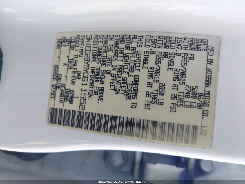 2000 Nissan Xterra Se/Xe VIN: 5N1ED28Y5YC611552 Lot: 43925825