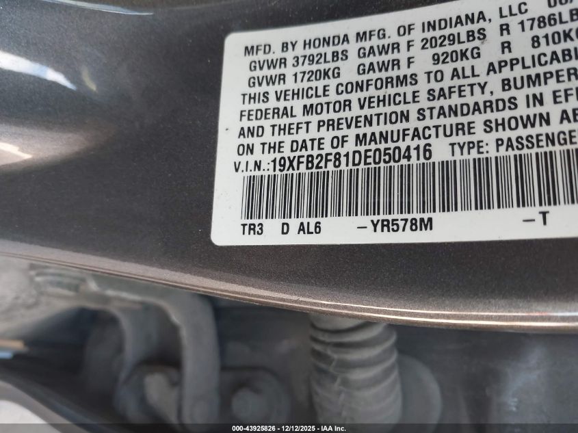 2013 Honda Civic Ex VIN: 19XFB2F81DE050416 Lot: 43925826