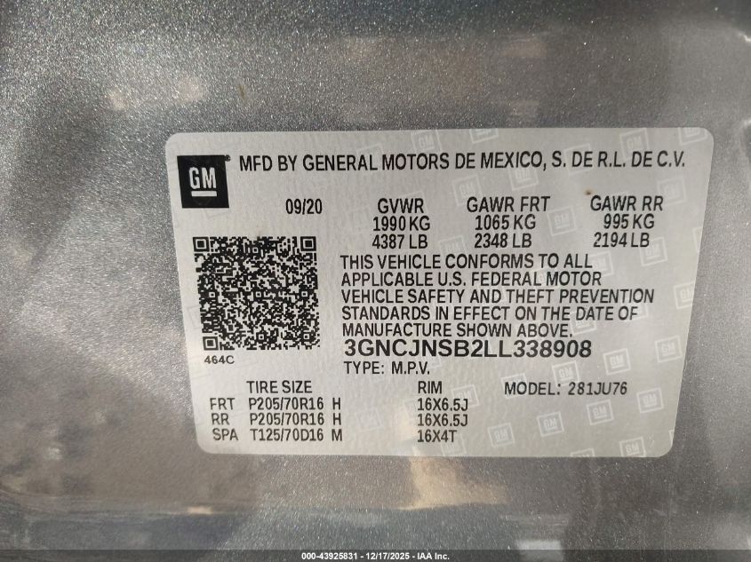 2020 Chevrolet Trax Awd Ls VIN: 3GNCJNSB2LL338908 Lot: 43925831