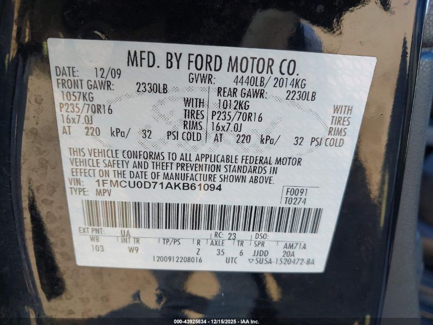 2010 Ford Escape Xlt VIN: 1FMCU0D71AKB61094 Lot: 43925834