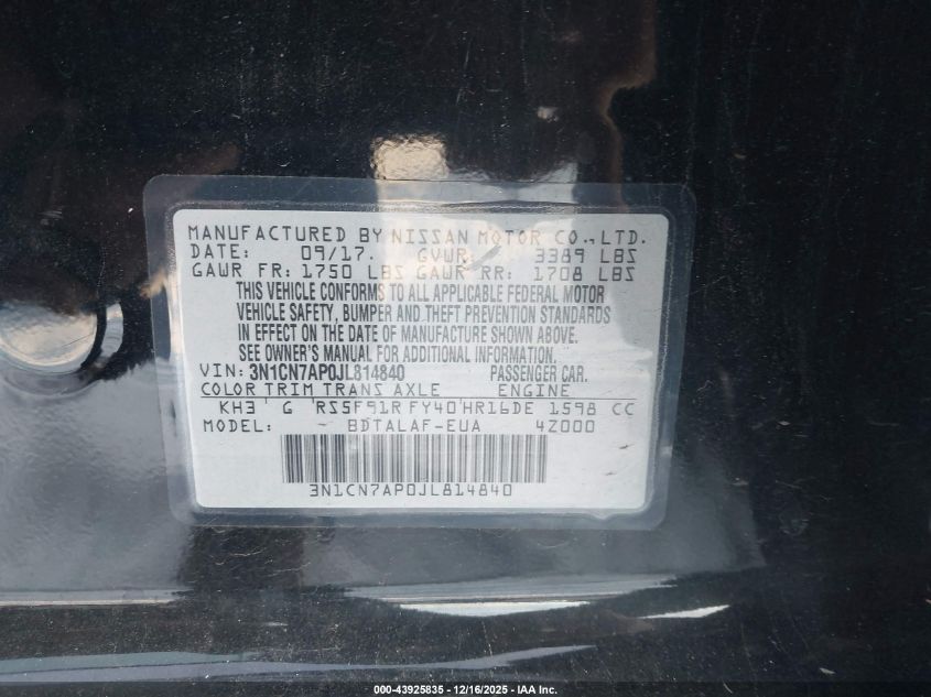 2018 Nissan Versa 1.6 S VIN: 3N1CN7AP0JL814840 Lot: 43925835