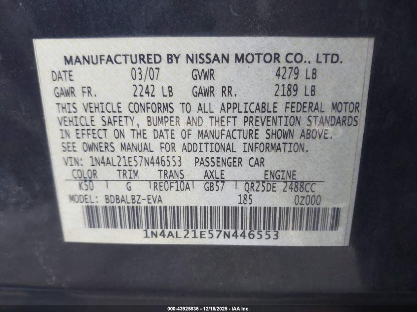 2007 Nissan Altima 2.5 S VIN: 1N4AL21E57N446553 Lot: 43925836