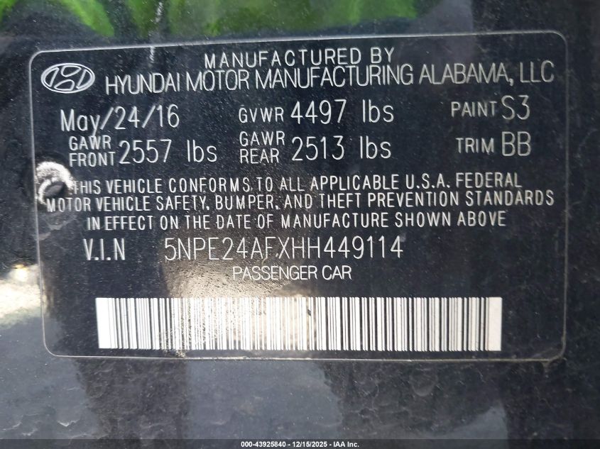 2017 Hyundai Sonata Se VIN: 5NPE24AFXHH449114 Lot: 43925840