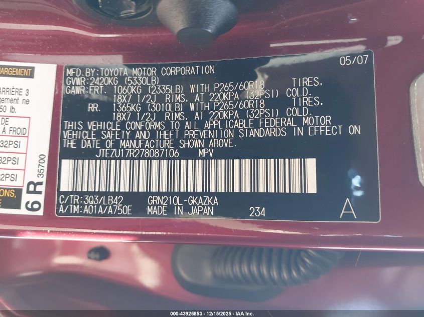 2007 Toyota 4Runner Limited V6 VIN: JTEZU17R278087106 Lot: 43925853