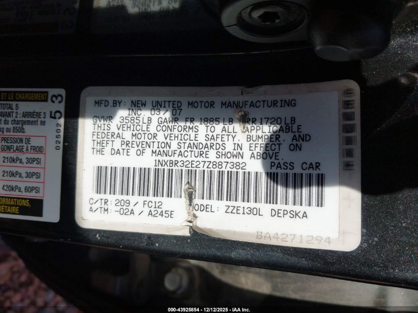 2007 Toyota Corolla S VIN: 1NXBR32E27Z887382 Lot: 43925854