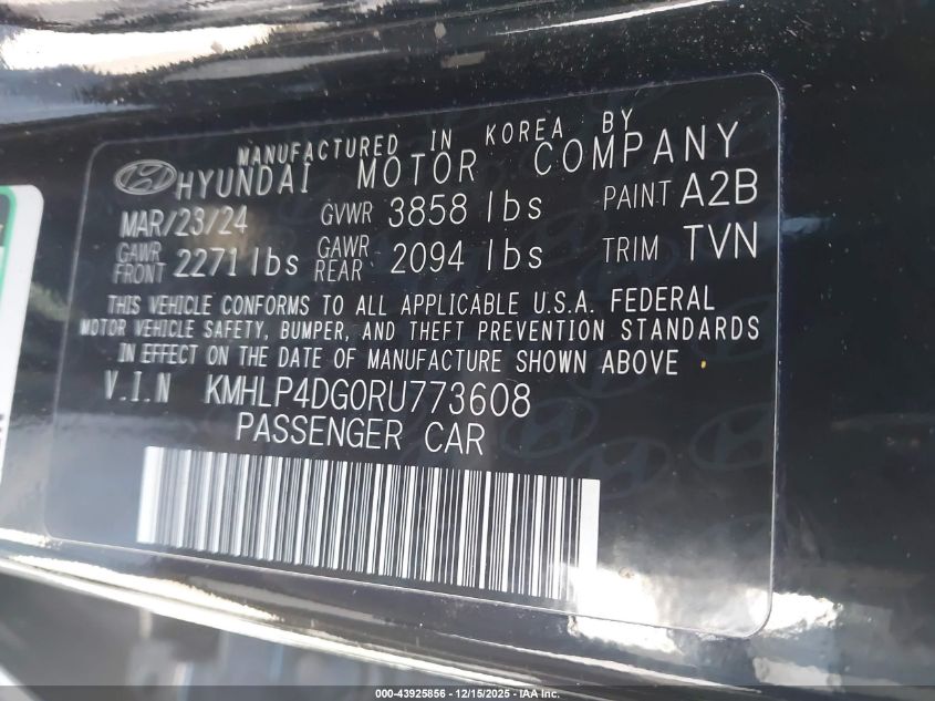 2024 Hyundai Elantra Limited VIN: KMHLP4DG0RU773608 Lot: 43925856