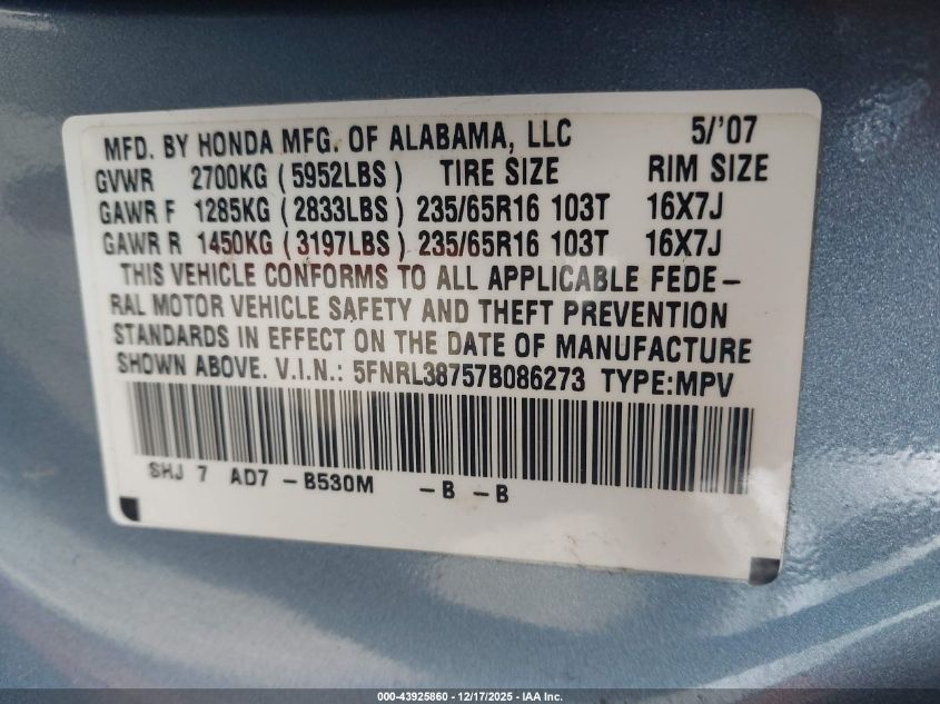 2007 Honda Odyssey Ex-L VIN: 5FNRL38757B086273 Lot: 43925860