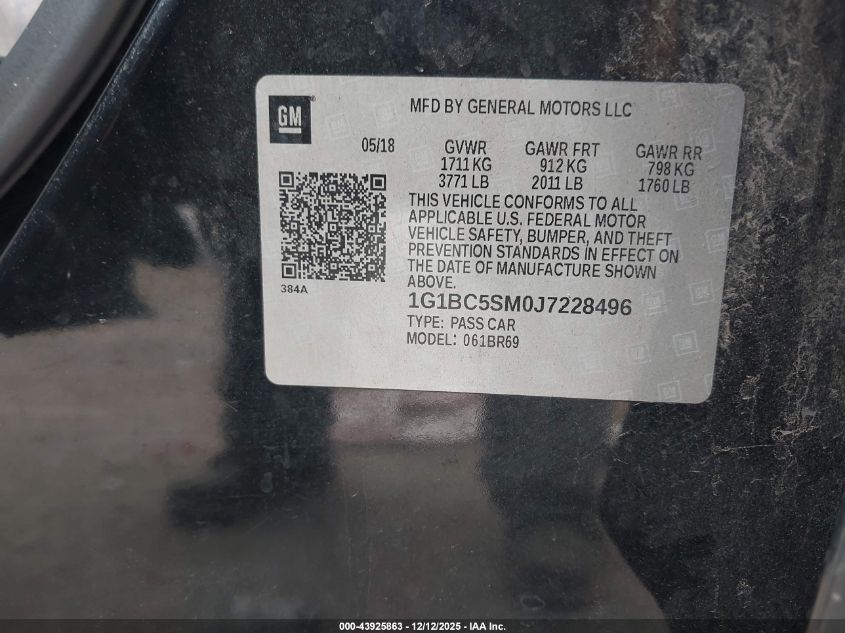 2018 Chevrolet Cruze Ls Auto VIN: 1G1BC5SM0J7228496 Lot: 43925863