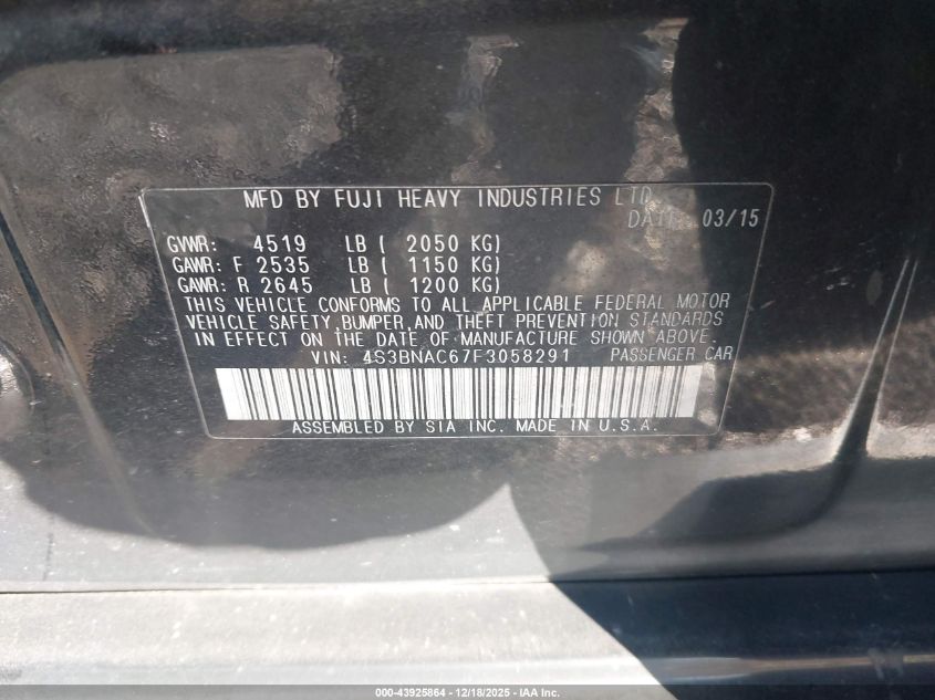 2015 Subaru Legacy 2.5I Premium VIN: 4S3BNAC67F3058291 Lot: 43925864