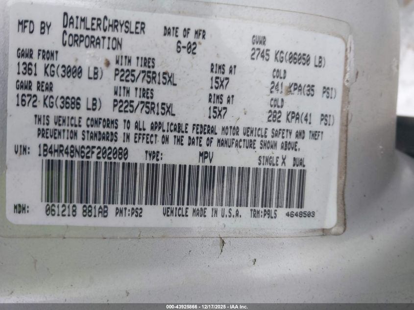 2002 Dodge Durango Slt VIN: 1B4HR48N62F202080 Lot: 43925866