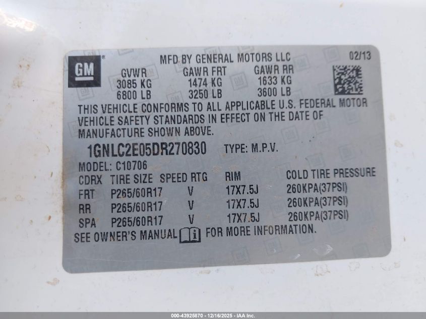 2013 Chevrolet Tahoe Commercial Fleet VIN: 1GNLC2E05DR270830 Lot: 43925870