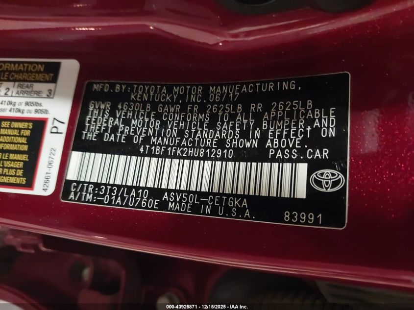 2017 Toyota Camry Xle VIN: 4T1BF1FK2HU812910 Lot: 43925871
