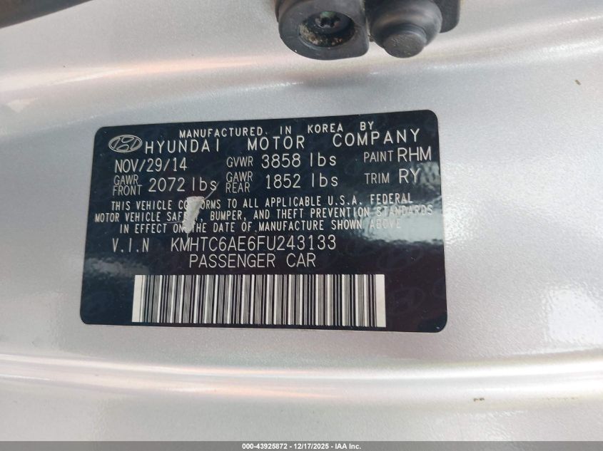 2015 Hyundai Veloster Turbo VIN: KMHTC6AE6FU243133 Lot: 43925872