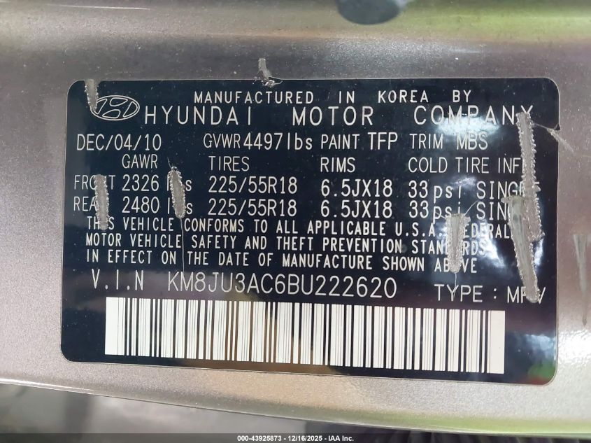 2011 Hyundai Tucson Limited VIN: KM8JU3AC6BU222620 Lot: 43925873