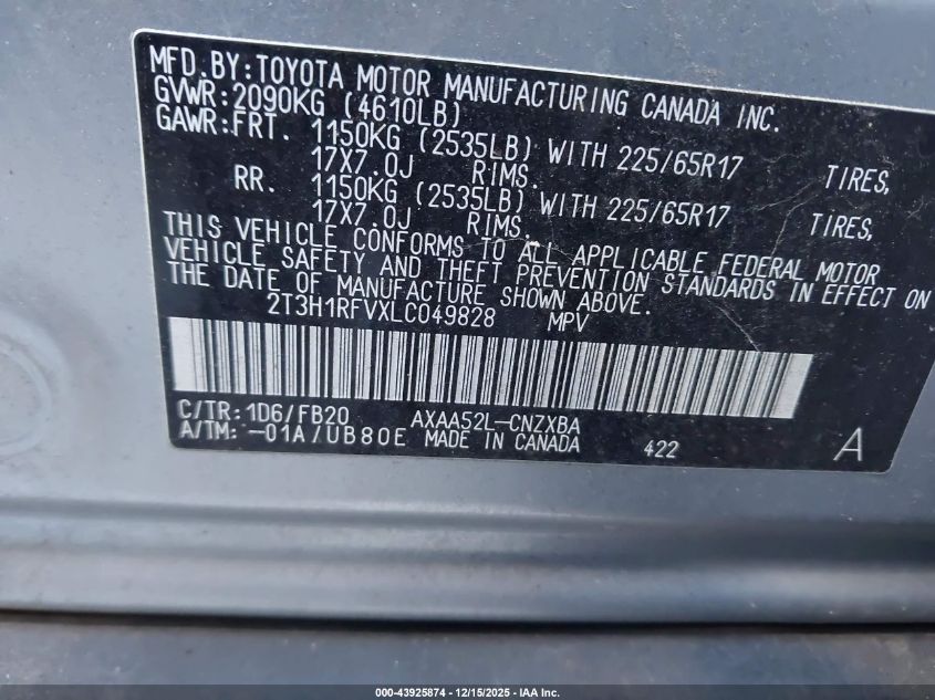 2020 Toyota Rav4 Le VIN: 2T3H1RFVXLC049828 Lot: 43925874