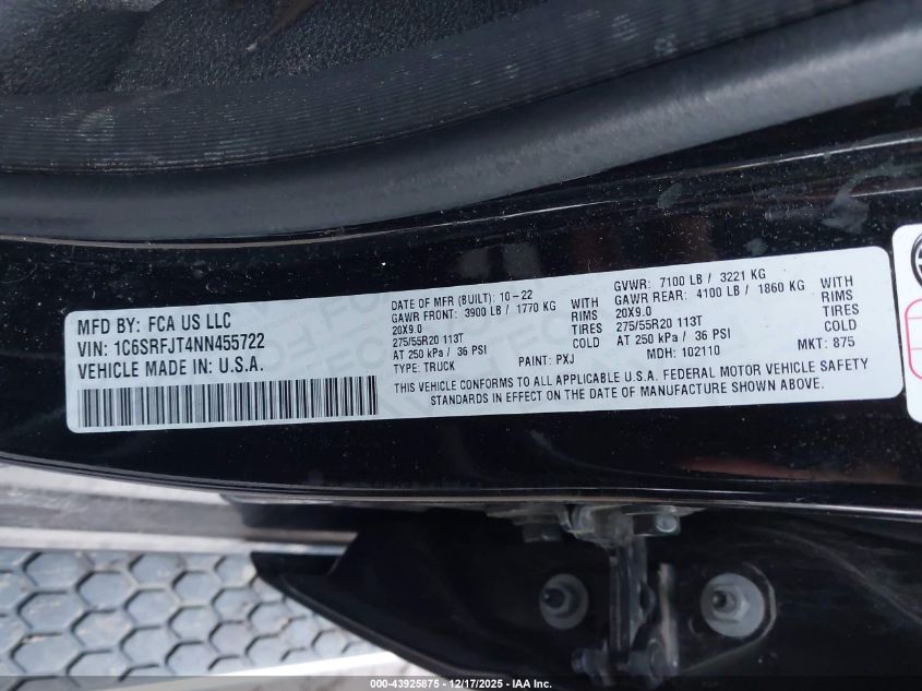 2022 Ram 1500 Laramie 4X4 5'7 Box VIN: 1C6SRFJT4NN455722 Lot: 43925875