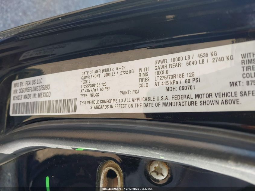 2022 Ram 2500 Laramie 4X4 6'4 Box VIN: 3C6UR5FL0NG325893 Lot: 43925876