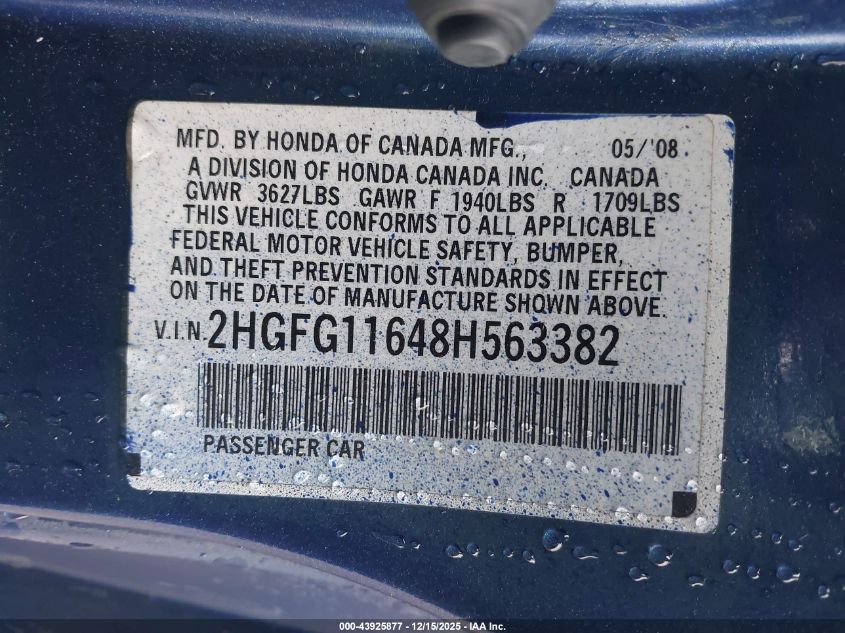 2008 Honda Civic Lx VIN: 2HGFG11648H563382 Lot: 43925877