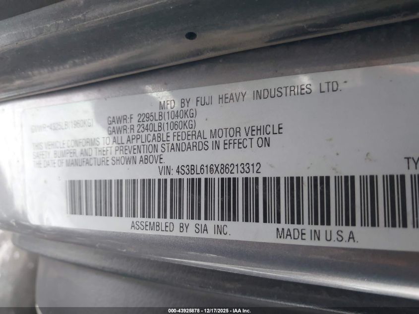 2008 Subaru Legacy 2.5I VIN: 4S3BL616X86213312 Lot: 43925878