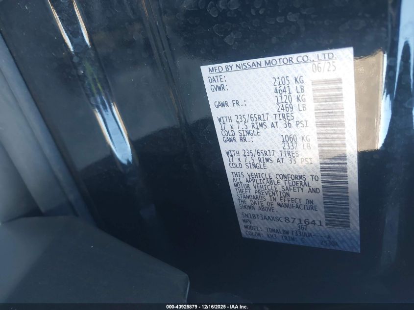 2025 Nissan Rogue S Fwd VIN: 5N1BT3AAXSC871641 Lot: 43925879
